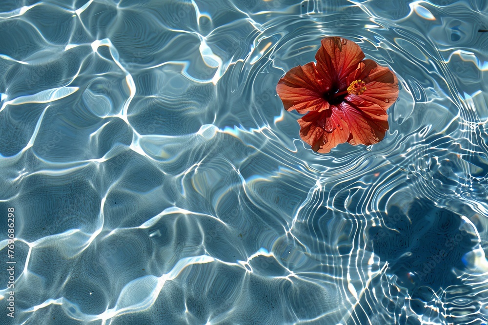 Poster a vibrant red flower gently floats atop a serene pool of water, creating a striking contrast against