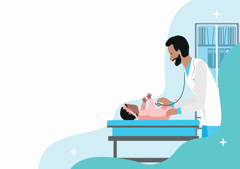 A friendly doctor examines a newborn baby in his office. Pediatrics. Child development. Vector illustration in flat style with empty space for text on a white background. - 769686216
