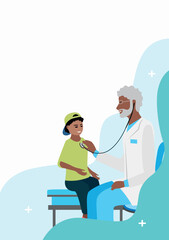 A friendly doctor listens to a boy's lungs in his office. Pediatrics. Child development. Vector illustration in flat style with empty space for text on a white background. - 769686225