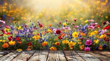 A charming wooden table adorned with an array of vibrant and fragrant flowers in various hues, creating a picturesque and inviting scene - obrazy, fototapety, plakaty
