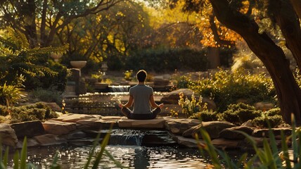 A person meditating by a tranquil garden pond at sunset with trees and soft light.