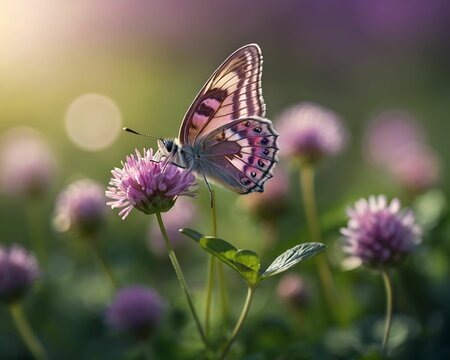 Gentle exquisite butterfly on a clover flower in spring in the summer glows in the rays of transparent violet light with a soft focus macro. Aerial refined subtle artistic image of nature.