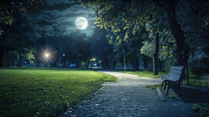 A serene night scene depicting a park with cobblestone path, wooden bench, illuminated by streetlamp under full moon.