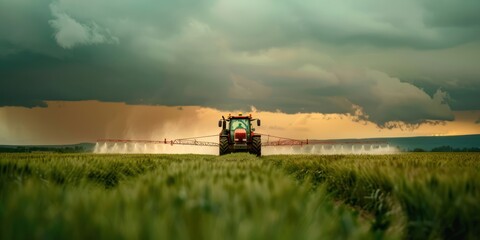 A modern tractor spraying crops during a cloudy day, dramatic sky overhead, contrasting the green of the crops and the steel of the tractor.  - obrazy, fototapety, plakaty