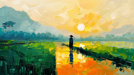 pintura al óleo. hombre en un campo de arroz en Vietnam al amanecer.  - obrazy, fototapety, plakaty