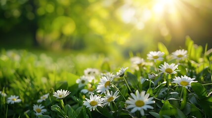 White flowers with a blurred background of green foliage and sunlight - obrazy, fototapety, plakaty