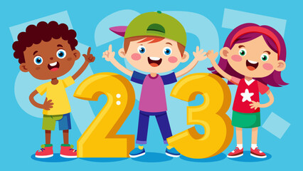 vector illustration of cartoon kids with 123 numbe