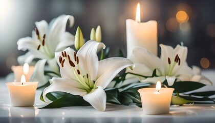 Funeral. White lilies and burning candle indoors, bokeh effect
