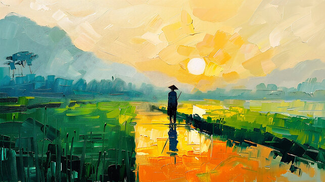 pintura al óleo. hombre en un campo de arroz en Vietnam al amanecer. 