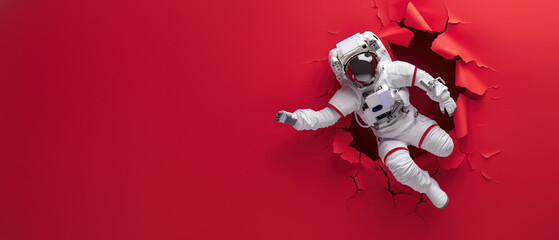 The image depicts an astronaut in a white suit making a surprise entry by ripping through intense...