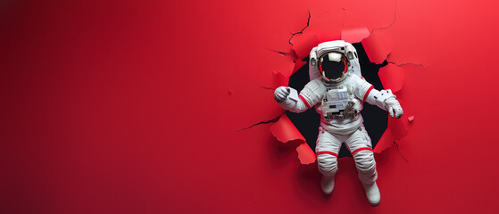 A striking visualization of an astronaut powerfully breaking through a vibrant red paper background - obrazy, fototapety, plakaty