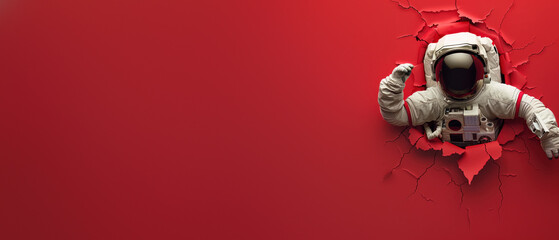 The image shows an astronaut coming out from a red backdrop, evoking feelings of freedom and escape