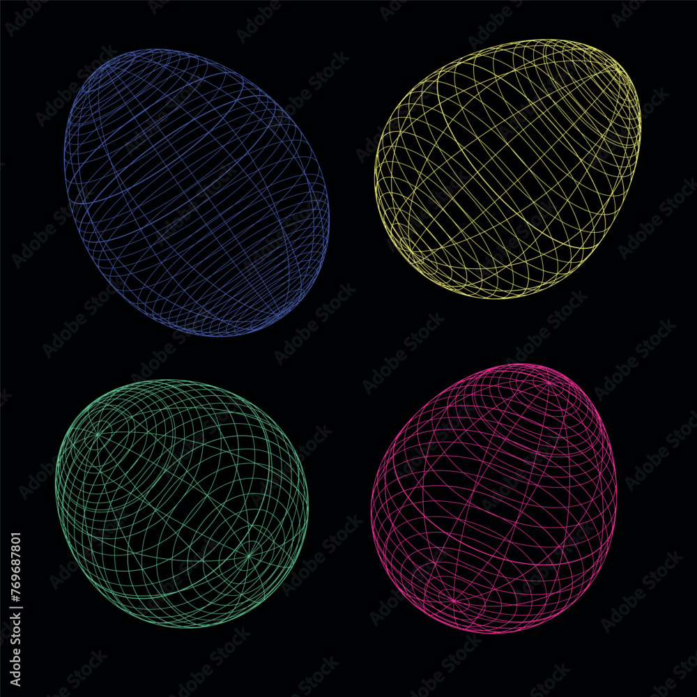 Poster easter eggs 3d wireframe style isolated on black background.vector technology design element.multico