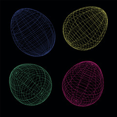 Easter eggs 3d wireframe style isolated on black background.Vector technology design element.multicolored easter eggs set abstract geometric Linear wireframe drawing
