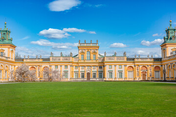 Warszawa, Poland - April 18: Focus on View of the central facade of the Royal Wilanow Palace....