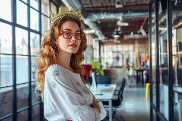 A modern-day princess in glasses and a crown stands confidently in a vibrant office space, blending royalty with contemporary life