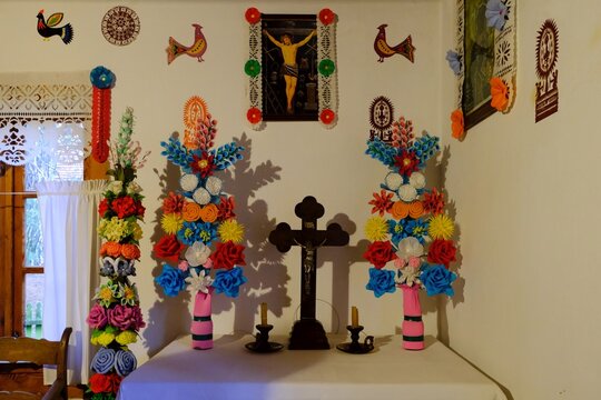 KADZIDLO, MASOVIA, POLAND - March 23, 2024: Interior of cottage with Easter decorations in open-air museum with traditional houses from Kurpie in Kadzidlo, ethnic region in Poland