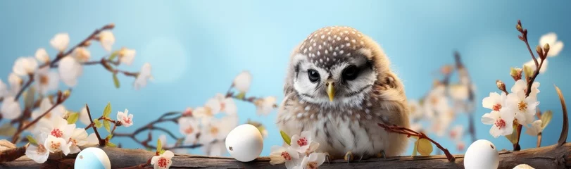 Fotobehang Adorable Owlet Hatching from Egg with Easter Floral Banner Backdrop © Sittichok