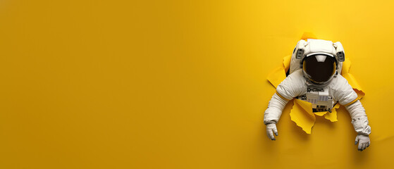 Giving the impression of zero gravity, an astronaut dives into a yellow space, suggesting infinite possibilities