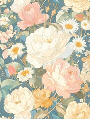 Sweet floral pastel pattern of roses , for invitation, greeting card background, wallpaper and wall art, - obrazy, fototapety, plakaty