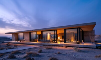A modern minimalistic style single story house has a flat roof, clean lines, and large glass windows that emit warm light, contrasting with the cool dusk light - obrazy, fototapety, plakaty