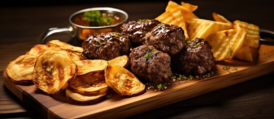 A rustic wooden cutting board showcasing a comforting dish of meatballs and French fries, a classic...