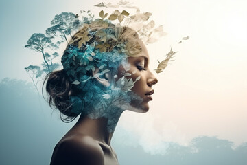 Naklejka premium Double exposure of nature landscape mountain forest and woman face made with generative AI