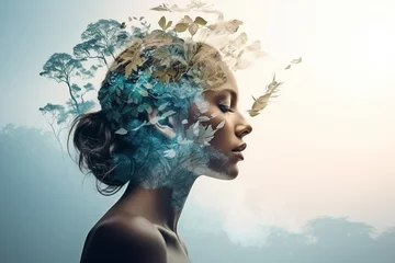 Tuinposter Double exposure of nature landscape mountain forest and woman face made with generative AI © deagreez