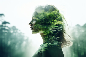 Obraz premium Creative double exposure portrait of attractive woman with forest environment and conservation concept generative AI