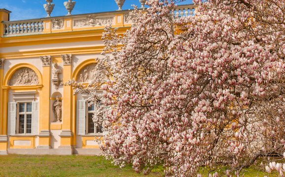 Warszawa, Poland - April 18: Focus on View of the central facade of the Royal Wilanow Palace. Spring in the park