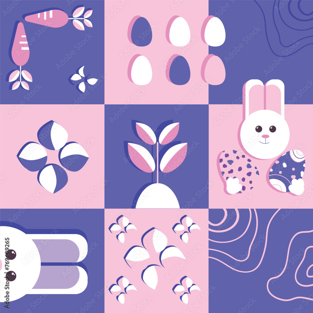 Poster happy easter teplate with bunny eggs and cute elements in soft colors.easter modern pattern 2024. ve