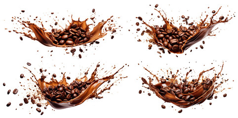 Set of delicious coffee beans in splashes of coffee, cut out