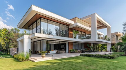 Modern villa, exterior with lawn,Exterior modern white villa or house with garden,Beautiful contemporary white house with blue sky
