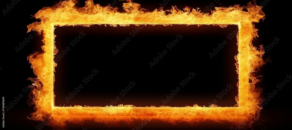 Poster fiery flames form rectangular frame on black background, creating a striking visual concept