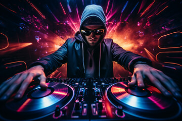 Obraz na płótnie Canvas Nice deejay in da club turning dance music nightlife youth party entertainment Generative AI image
