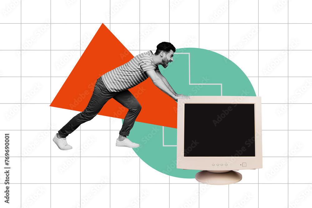 Poster sketch image composite artwork 3d photo collage of young hardworking office manager guy push move hu