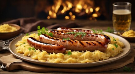 Grilled german bratwurst sausages - obrazy, fototapety, plakaty
