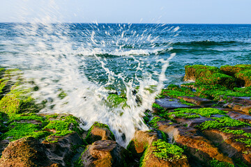Tidal waves splash up radial water sprays when crashing on the shore of massive green rocky...