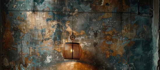 Photographing a hanging ceiling lamp against a decorated cement wall.