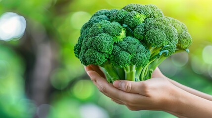 Hand holding fresh broccoli floret with selection on blurred background, copy space available - obrazy, fototapety, plakaty