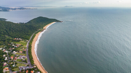 Balneario Camboriu in Santa Catarina. Taquaras Beach and Laranjeiras Beach in Balneario Camboriu. Aerial view in landscape.