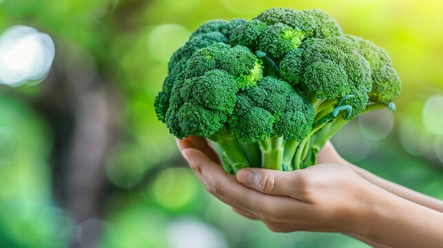 Hand holding fresh broccoli floret with selection on blurred background, copy space available