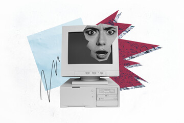 Photo collage picture young woman worried face head fragment cutout appear computer screen monitor...