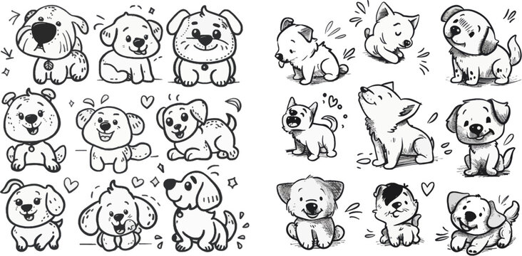  Line black and white funny puppies, hand drawn pencil illustration