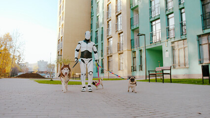 Smart and futuristic white robot supporting people by walking pets outdoors. Robotic assistant...