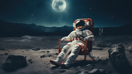 Back view of lunar astronaut having a beer while resting in beach chair on Moon surface, saluting to Earth
