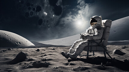 Back view of lunar astronaut having a beer while resting in beach chair on Moon surface, saluting to Earth - obrazy, fototapety, plakaty