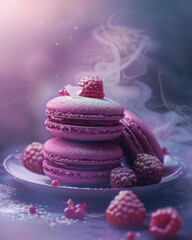 Exclusive food photo for a magazine macaron dessert, extravagant serving, artistic culinary decoration, precisely detailed - obrazy, fototapety, plakaty