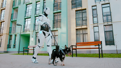 Side view of happy scottish terrier dog walking with humanoid robot cyborg with leash on street...