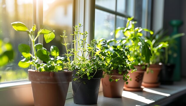 Potted herbs on white window sill with bright light shining through window.